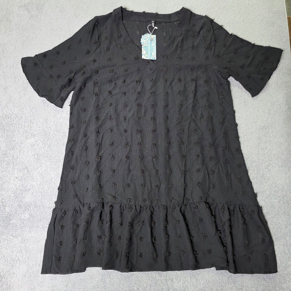 CiCiBird Womens Large Shift Dress Black Swiss Dot Ruffle Hem V-Neck Short Sleeve